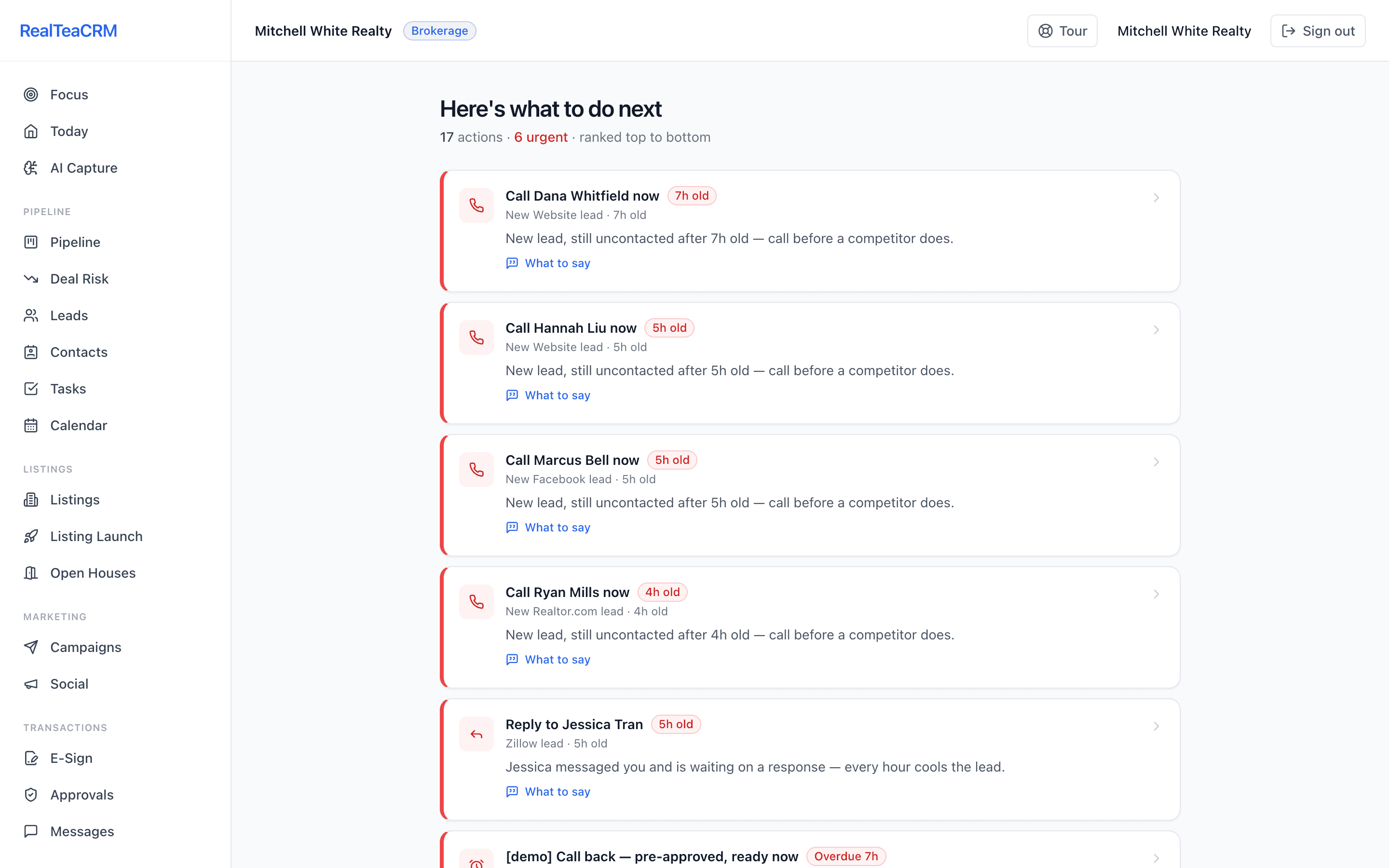 Agent focus dashboard in RealTeaCRM